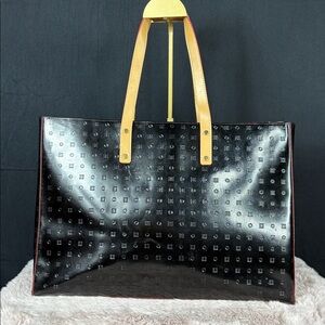 Arcadia Italy Black Leather Tote Bag Signature Monogram Embossed Handbag